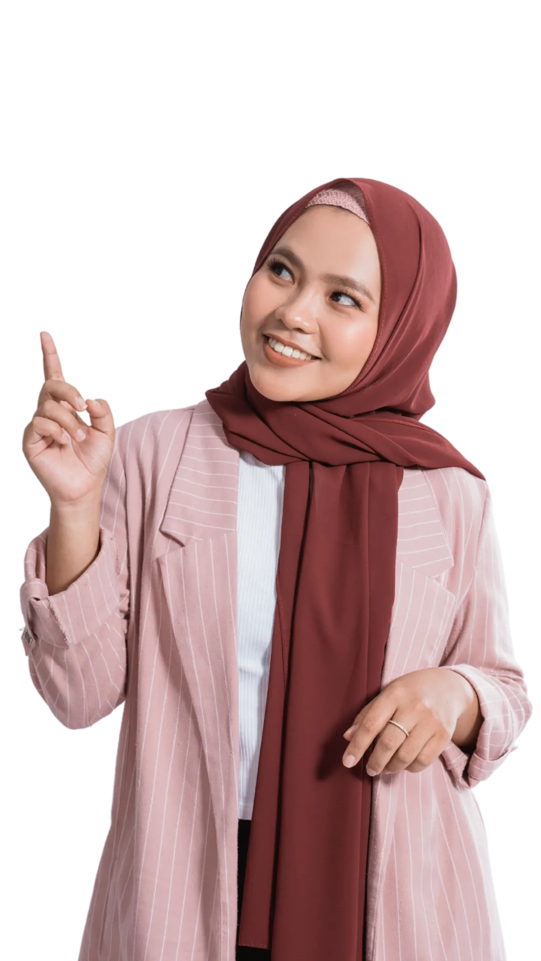 Smiling woman in a hijab and pink blazer pointing up